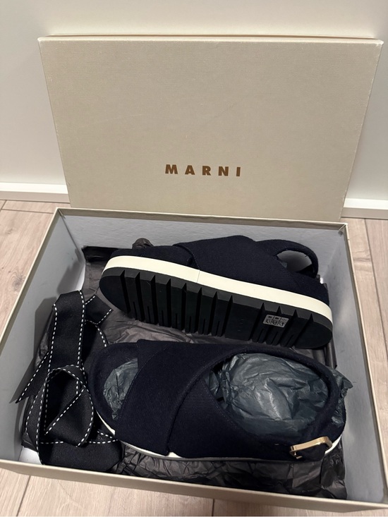 Marni Shoes - Marni Black Canvas Crisscross Slingback Sandals with White Midsole